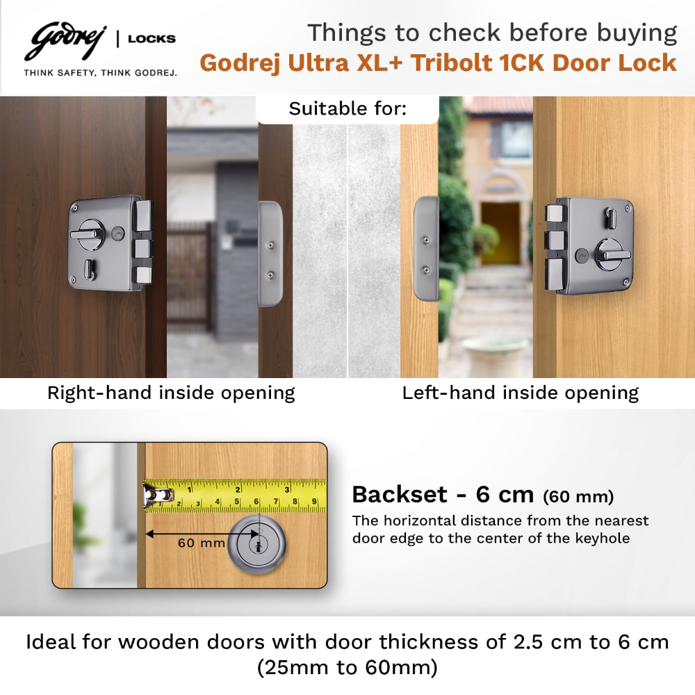 Godrej Rim Lock I Tribolt Ultra XL Plus l 1CK Deadbolt I for Inside Opening Wooden Door | Left Right Handed Doors I 4 Keys I 5 Year Warranty I Manual Locking l Matte Black Nickel Finish